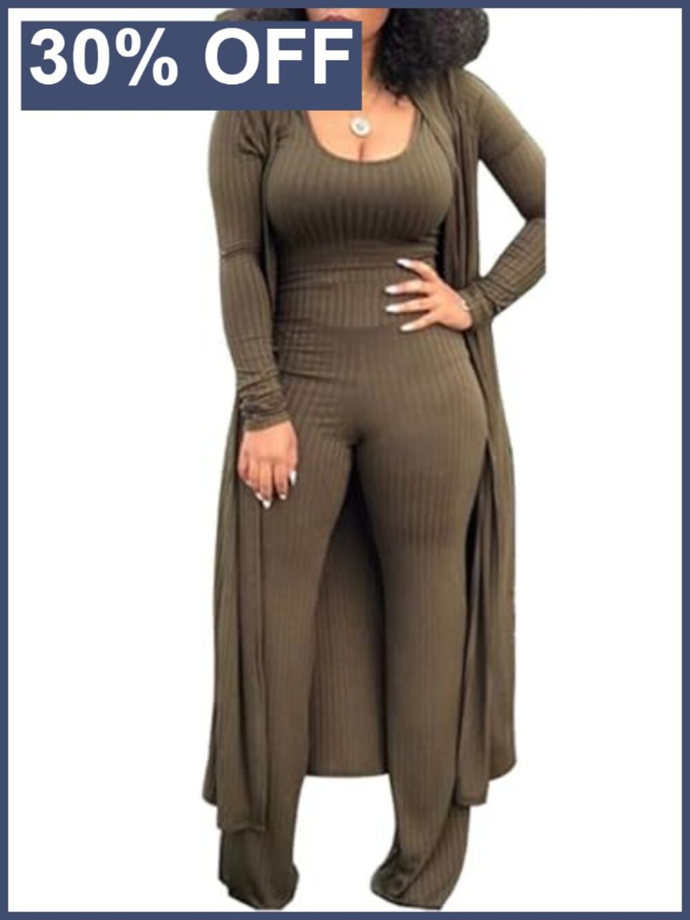 Women's 3 Piece Ribbed Knit Cardigan Tank Top Wide Leg Pants Set